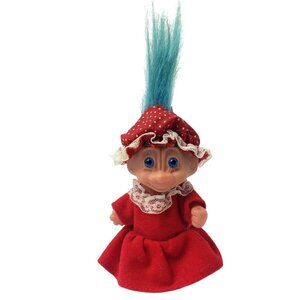 Vintage Russ Troll Doll Red Lace Dress Polka Dot Hat & Blue Hair 90s Retro